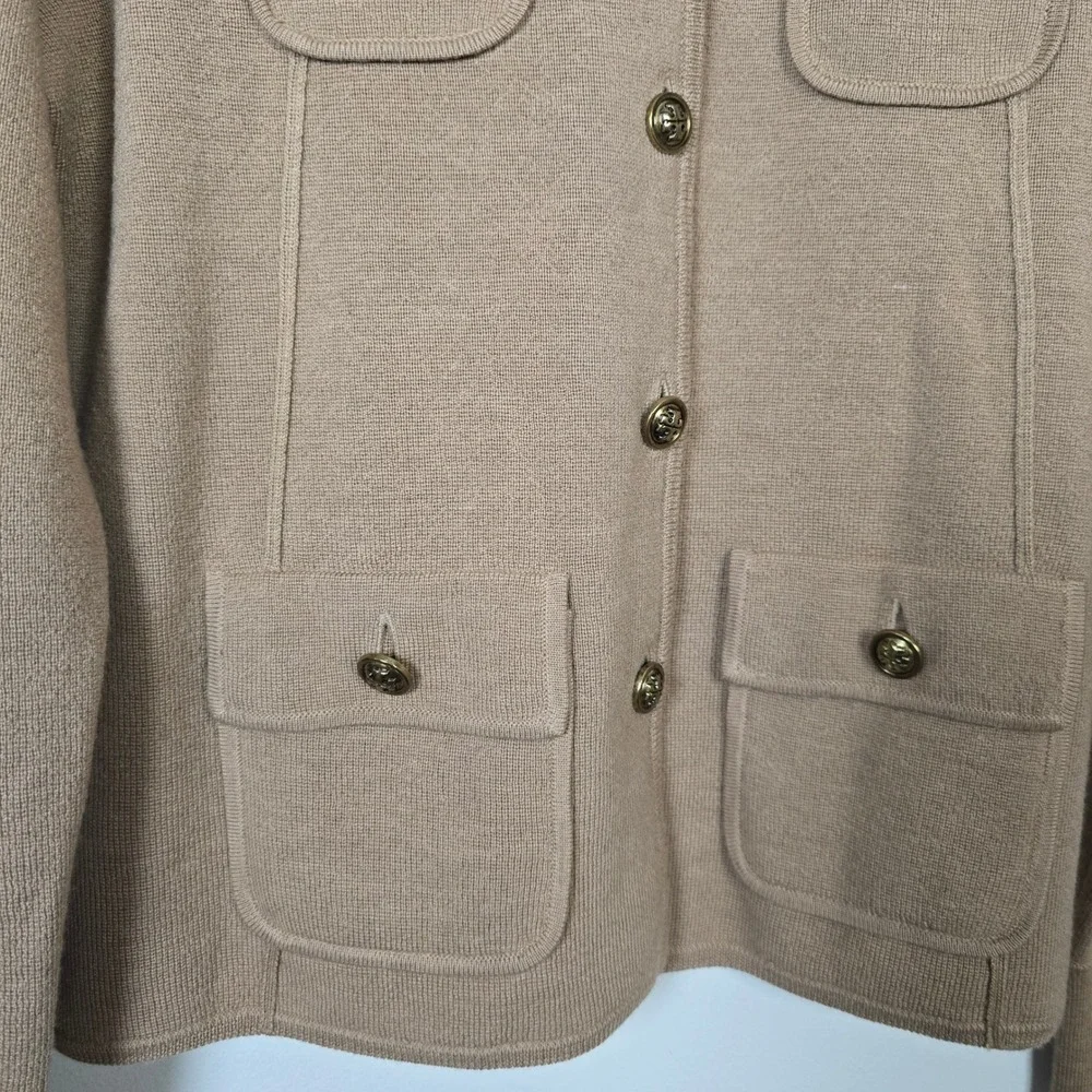 Tory Burch Tan 100% Wool Military Cardigan Jacket Gold Logo Buttons XL